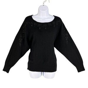 Robert Scott Women L Black Embroidered Beaded Lambswool Angora Sweater Fairygoth